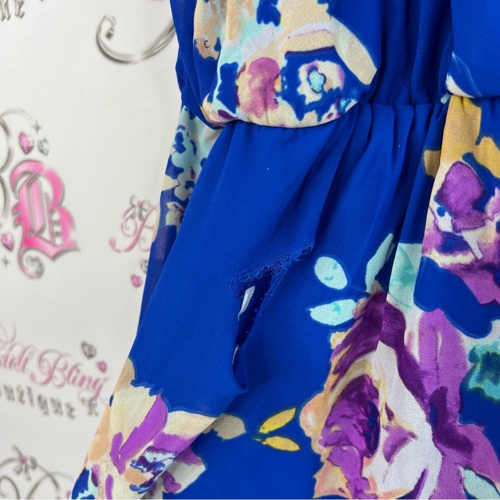 Everly dress Vneck floral flowers ruffle purple green Royal Blue Dress - Picture 14 of 14